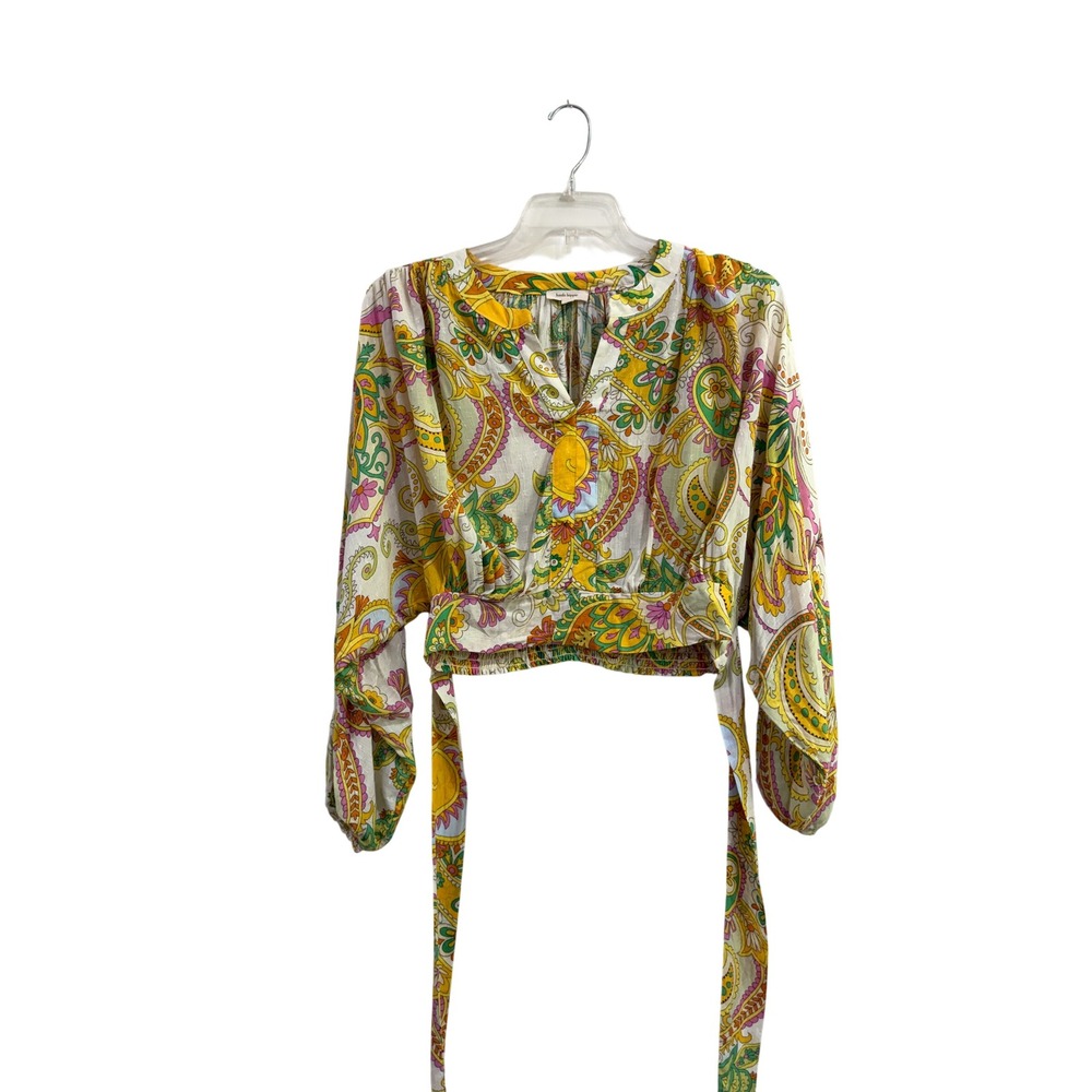 Haute Hippie Style Paisley Crop Top V-Neck Balloon Sleeve Smocked Waist Multi M